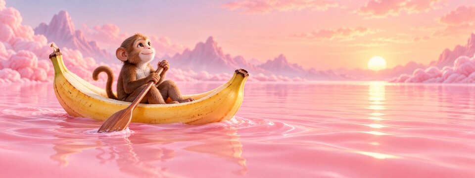 Playful monkey paddling a banana canoe on a pink lake