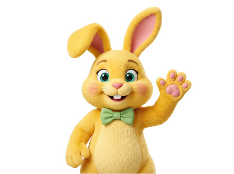 Easter Bunny Cartoon Character Waving Hand Isolated On Transparent Background Featuring A Friendly Yellow Rabbit With Large Ears And A Cute Green Bow Tie Designed For Holiday Celebrations And Events