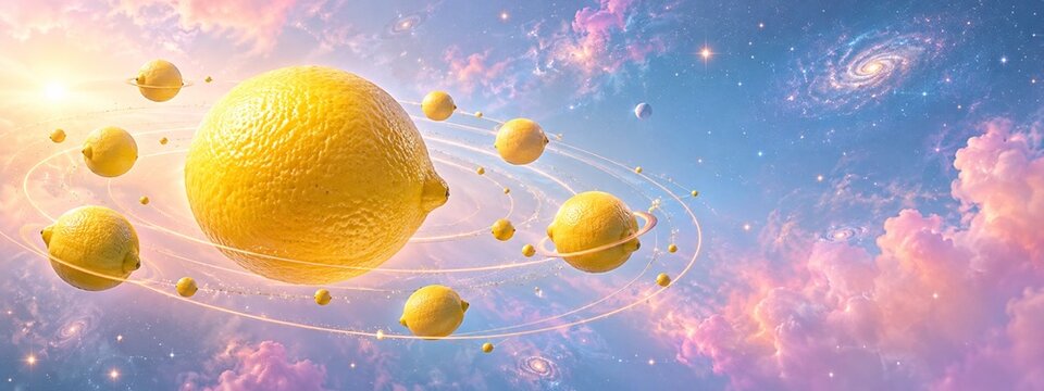 Tiny lemon planets orbiting a giant lemon in pastel space