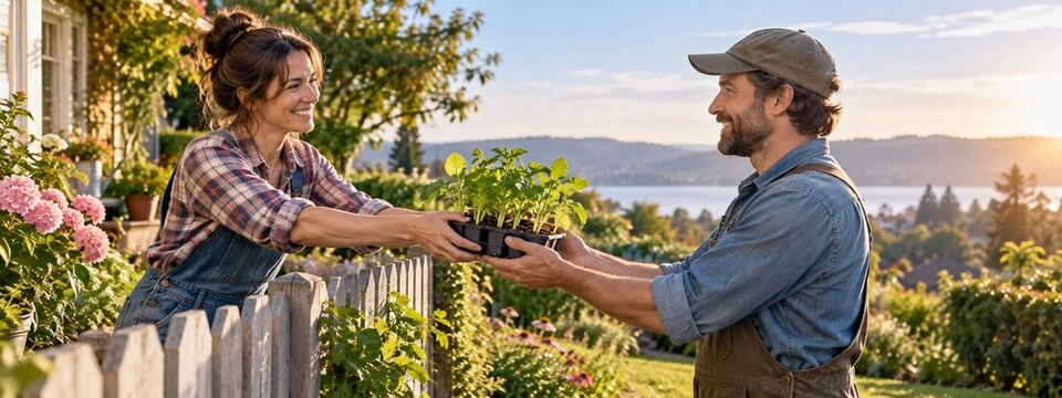 Two gardeners exchanging seedlings across a low fence