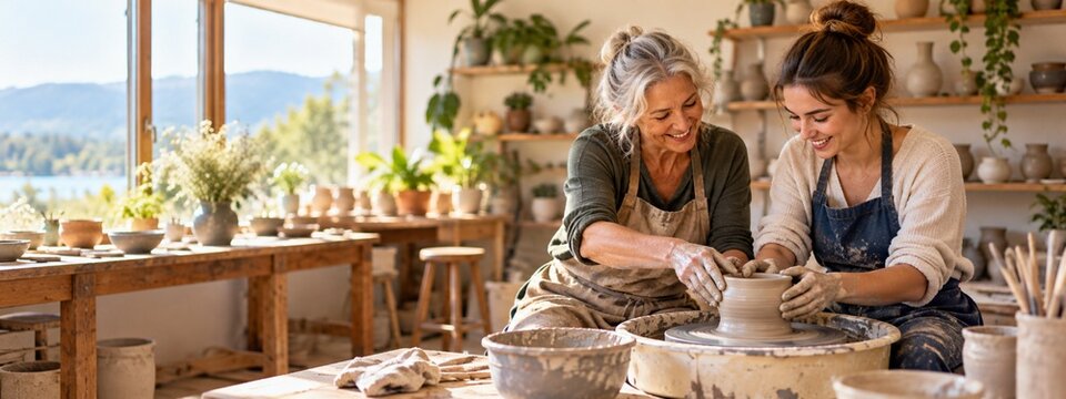 Senior ceramic artist teaching a young adult pottery