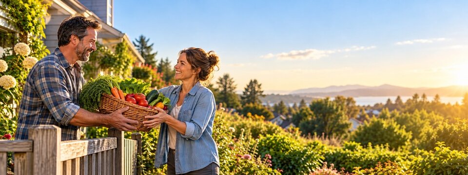 Two adult neighbors sharing a basket of garden vegetables