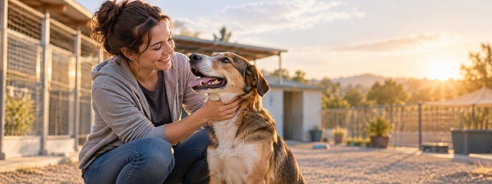 Adult shelter volunteer gently bonding with a rescue dog