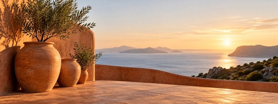 Terracotta pots on a coastal terrace in warm sunset light