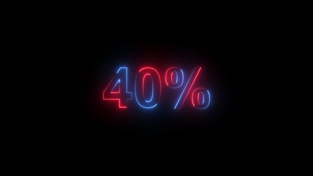 abstract 40 percent animation on black background, 40 percent off animated neon sign glowing text badge with speech bubble loop on 4k video.
