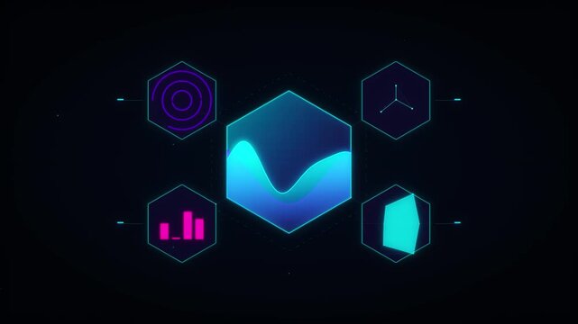 Futuristic hexagonal technology dashboard animation with neon data visualization wave graph on dark background for AI SaaS industry cybersecurity presentation or innovation video template.