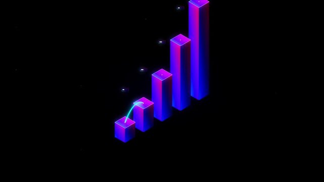 Minimal isometric neon purple bar chart and glowing line graph animation showing upward business success trend on black background for B2B industry strategy vision, goal achievement presentation video