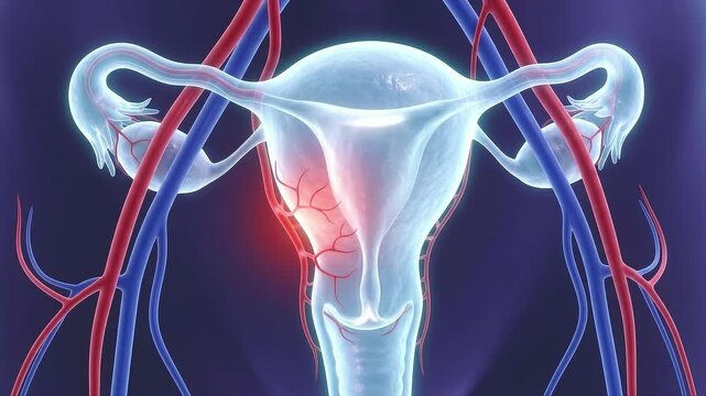 3D medical illustration of female uterus and reproductive anatomy with visible arteries and veins