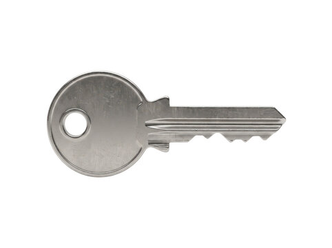 Metal door key isolated on a transparent background featuring a classic round bow and a serrated blade with distinct bitting patterns for standard pin tumbler locks used in residential home security.