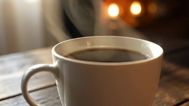 The Image Is A Close-up Of A White Coffee Cup On A Wooden Table The Cup Is