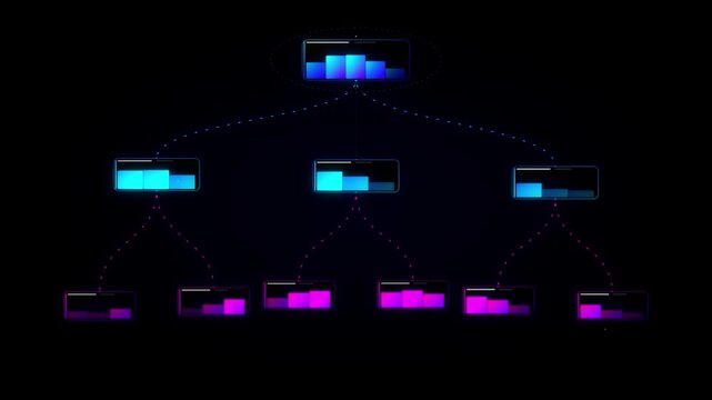 Animated Hologram Tech Network Diagram With Seamless Looping Hierarchical Tree Structure Node And Bar Chart For SaaS Software Workflow And Logistic Supply Chain Management
