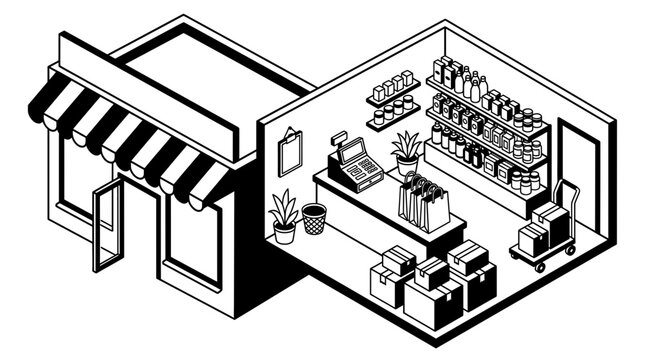 Retail store cutaway showing the interior shelves filled with products and boxes stacked near the entrance.