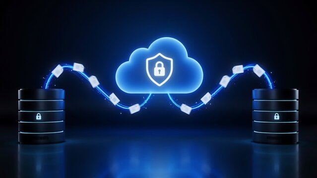 Digital cloud storage security concept featuring shield icon and data files flowing between server racks with glowing blue connection lines on dark background.