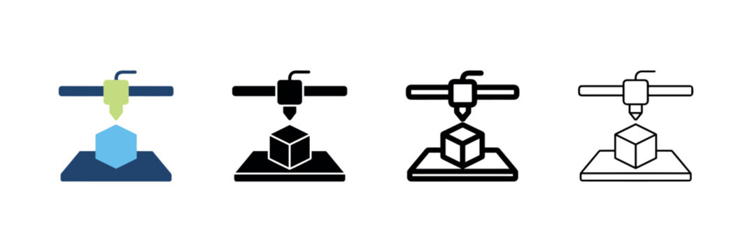 3D printer printing a geometric cube icon set representing additive manufacturing and prototyping