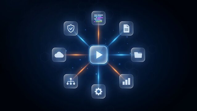 Centralized video player icon surrounded by various digital service icons representing connected software, cloud, and data management solutions on a dark blue background.