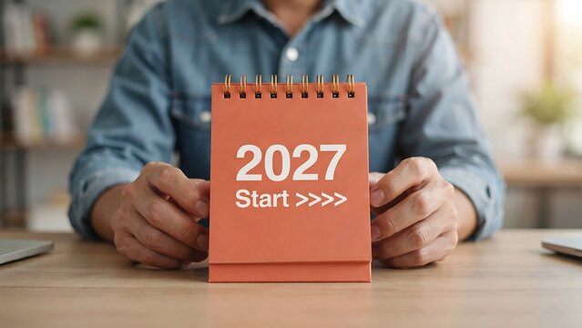 Close up of person at wooden table holding orange spiral 2027 start calendar reflecting future objective setting and strategic time organization in office space.