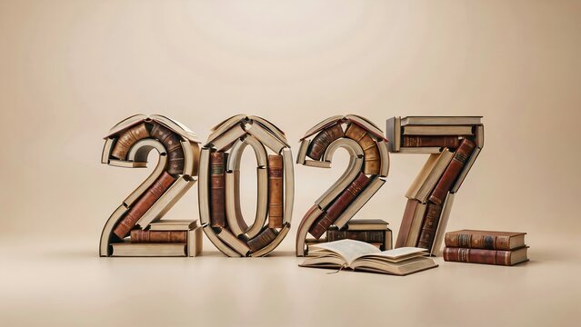 Numbers 2027 formed by vintage books, representing education, knowledge, learning, and literary pursuits, stacked neatly on a plain background.