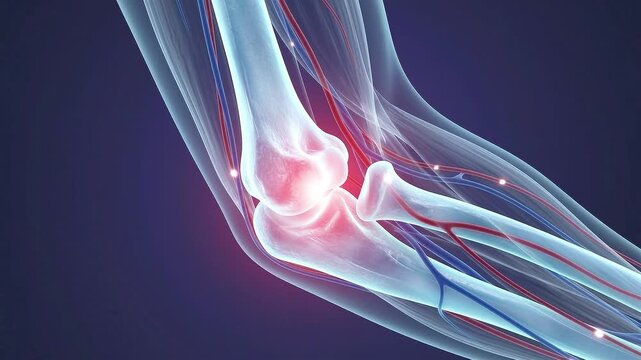 3D animation of a human elbow joint showing bones, tendons, ligaments, and blood vessels with a red glowing area indicating pain or inflammation, representing medical conditions