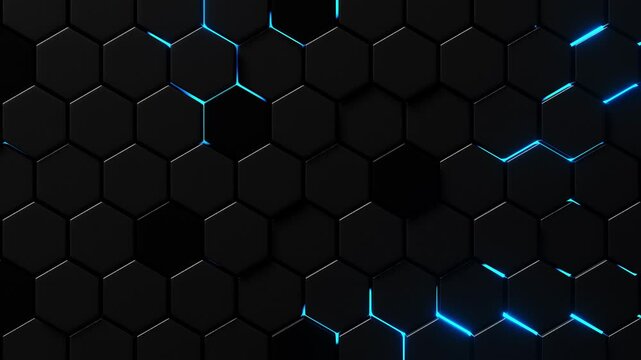 Abstract black hexagonal grid pattern with glowing blue neon light