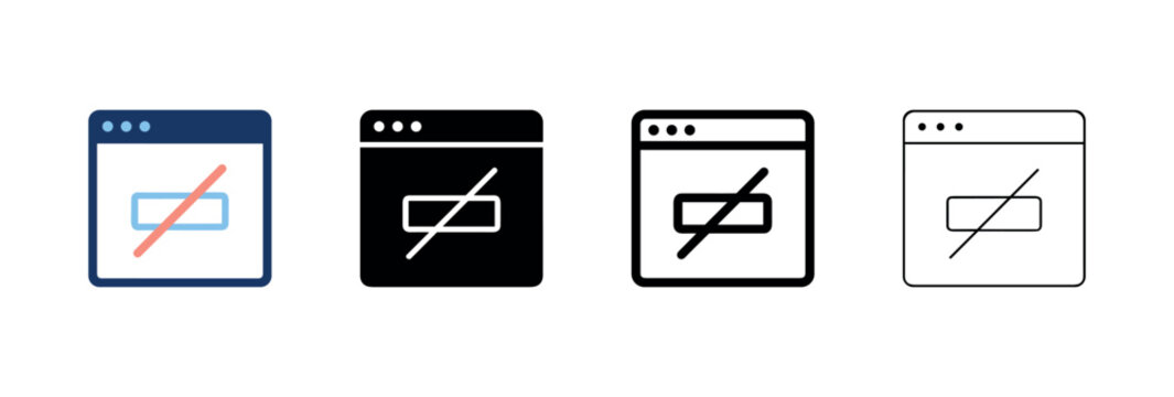 Web browser icon with blocked content symbol in different graphic styles