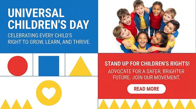 Universal childrens day banner with happy diverse children group, geometric shapes, and call to action button for advocacy and childrens rights awareness