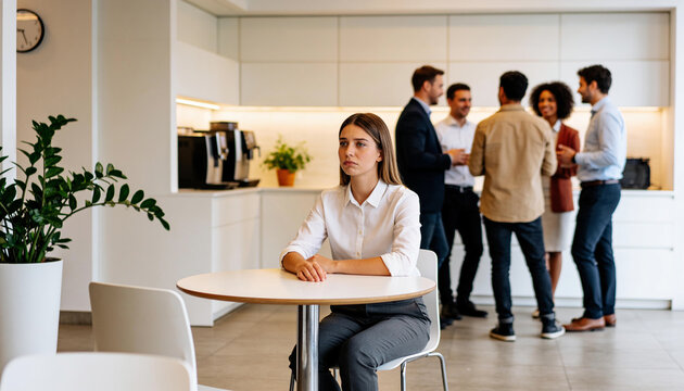 Unhappy young businesswoman feeling lonely and excluded from corporate colleagues socializing during coffee break in modern office kitchen