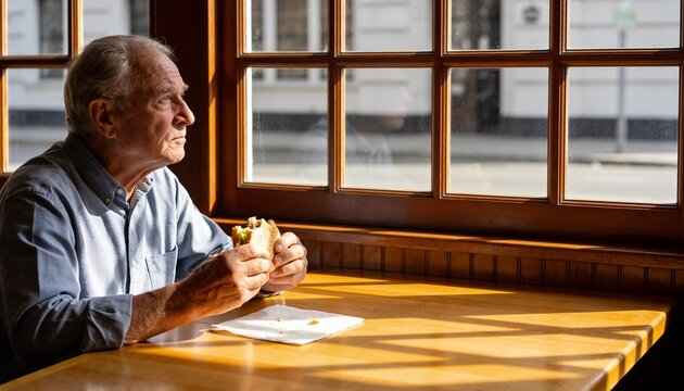 Thoughtful senior man sitting alone at a wooden diner booth, eating a sandwich and gazing out of the sunlit window during a quiet afternoon lunch