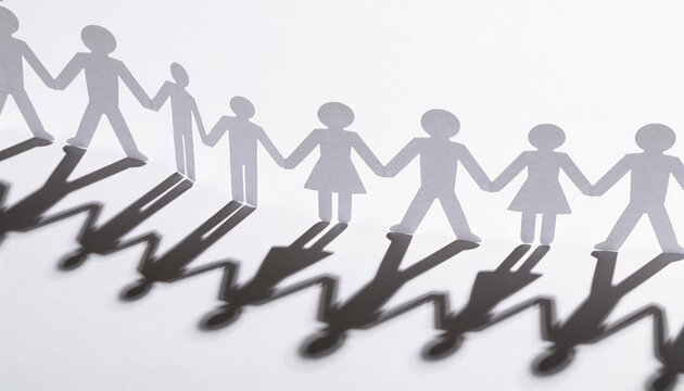 Paper cut people chain holding hands and casting distinct shadows on bright white background, representing community unity teamwork and partnership