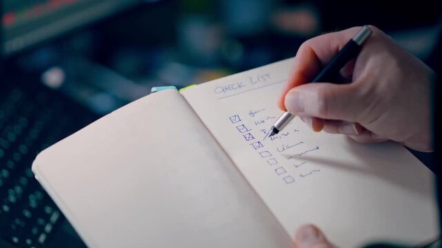 Productivity concept with a person ticking off completed tasks on a paper checklist.