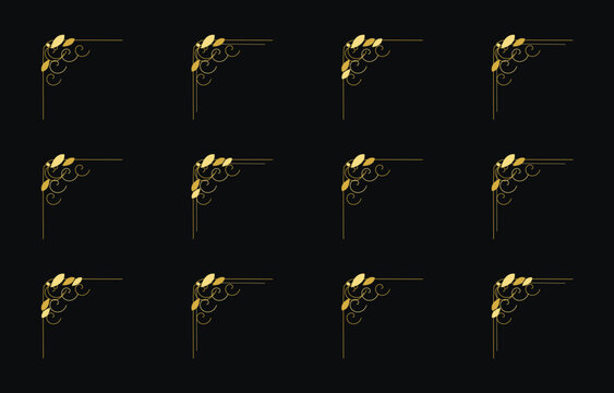 Elegant gold filigree corner ornaments with floral flourishes and swirl patterns on black background