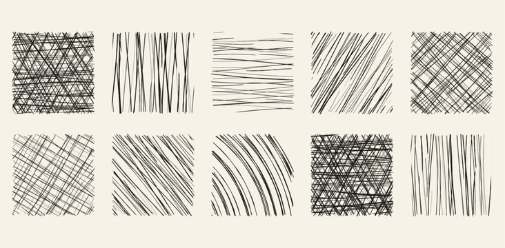 Set of ten square frames containing hand-drawn black ink scribbles, cross-hatching, vertical and horizontal lines on a beige background