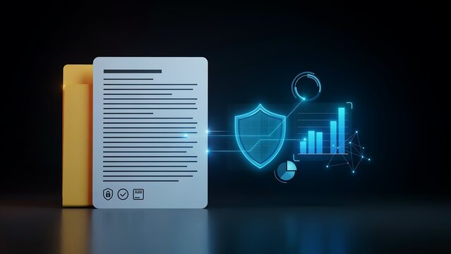 Secure digital document with data protection shield and analytical graphs representing protected information and privacy.