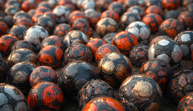 A pile of old soccer balls