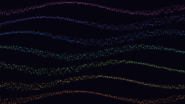Stacked ribbons of glowing particles waving across the full width