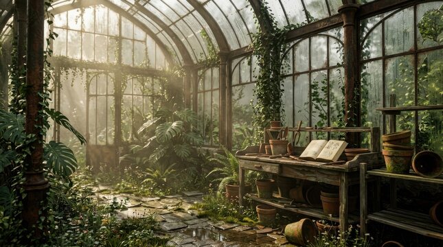 Sunlit vintage greenhouse interior with lush green plants, potting bench, and scattered garden tools.