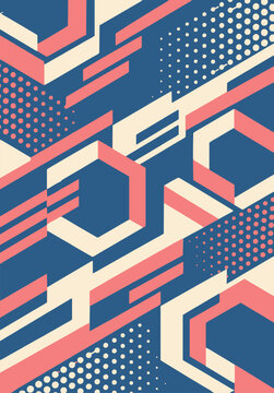 Blue and coral hexagon tech pattern on cream background