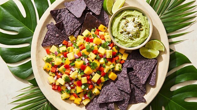 Fresh mango salsa with black corn tortilla chips and guacamole dip on a tropical leaf background. chip platter ideas