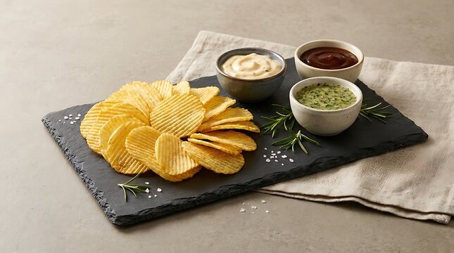 Crispy potato chips served on a black stone tray with three bowls of delicious dipping sauces. chip platter ideas