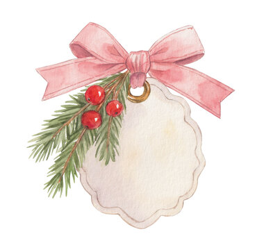 Watercolor Christmas Gift Tag with Pink Ribbon, Holly Berries and Pine 