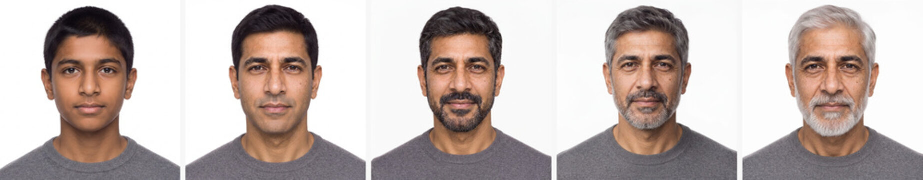 Aging process portrait of an Indian man from youth to old age against a white studio background, showing biological maturation and facial change for healthcare concepts