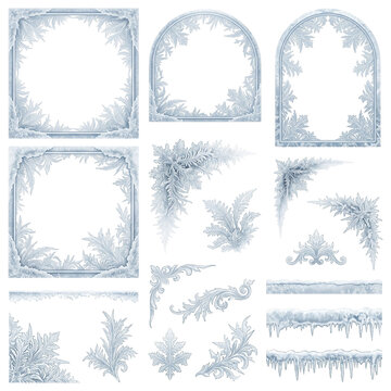 Winter frost frames and borders isolated on a transparent background