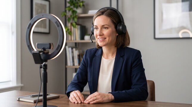 Professional woman wearing headset recording video in home office