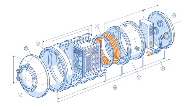Isometric exploded view of industrial cylindrical module, technical blueprint of aerospace hardware, schematic diagram of mechanical engineering parts isolated PNG with Transparent Background