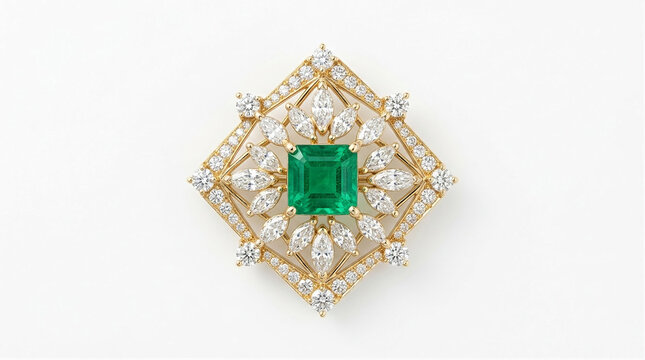 Flat lay macro of geometric Art Deco gold brooch with square emerald and diamonds on white background