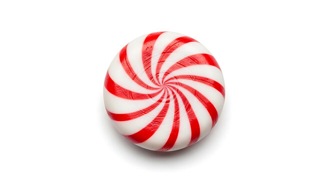 A single round peppermint hard candy with red and white spiral stripes isolated on white background