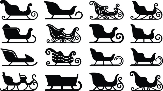 Set of Santa Claus sleigh silhouette set, 16 decorative winter sled vector icons, black holiday transportation elements for Christmas design