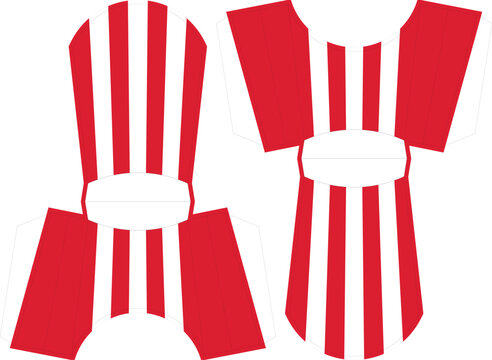 Vector illustration of a flat die-cut template for a classic red and white striped popcorn box or snack carton. Packaging layout design ready for printing, cutting, and folding for carnival, cinema