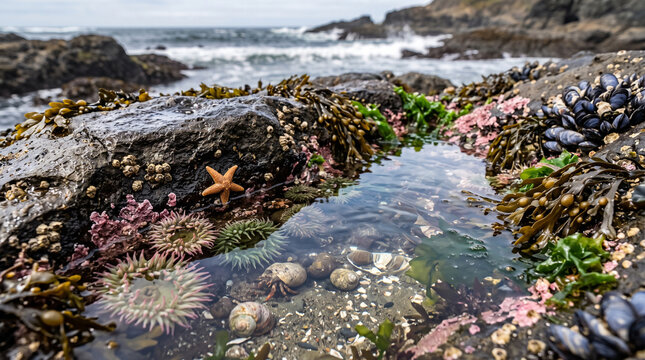 Colorful Marine Life in a Natural Rocky Tide Pool