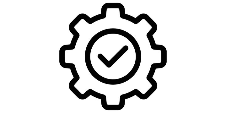Black and white gear icon with check mark inside for settings concept.