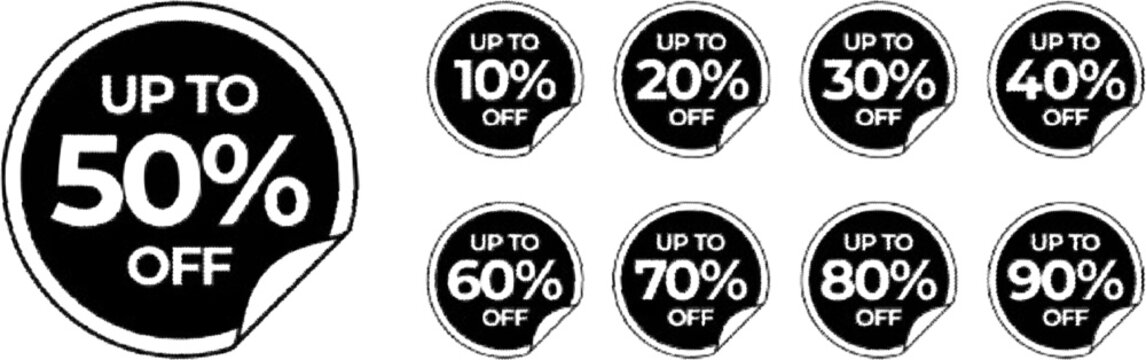Black peel off sticker collection with percentage discount values from ten to ninety percent off for commercial retail sales promotion Isolated.